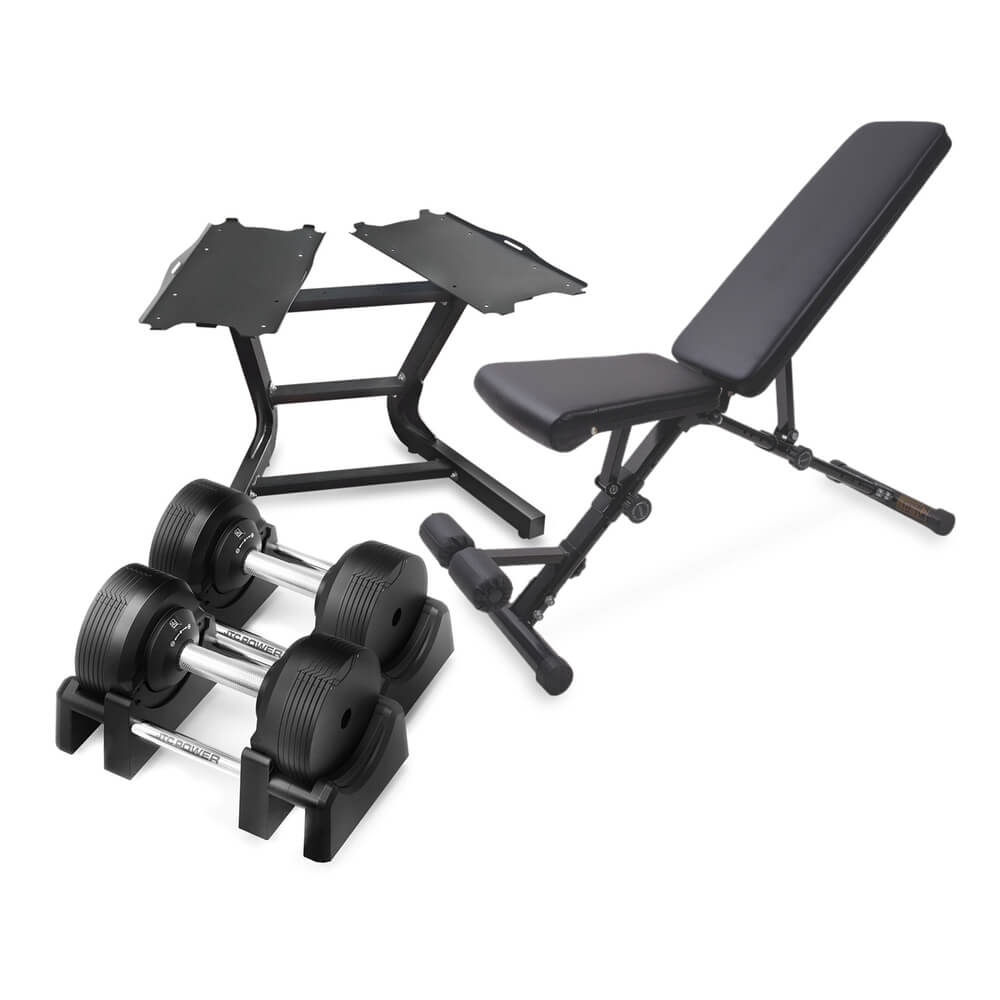 Håndvægtpakke 23,5 kg, Håndvægte, rack og bænk