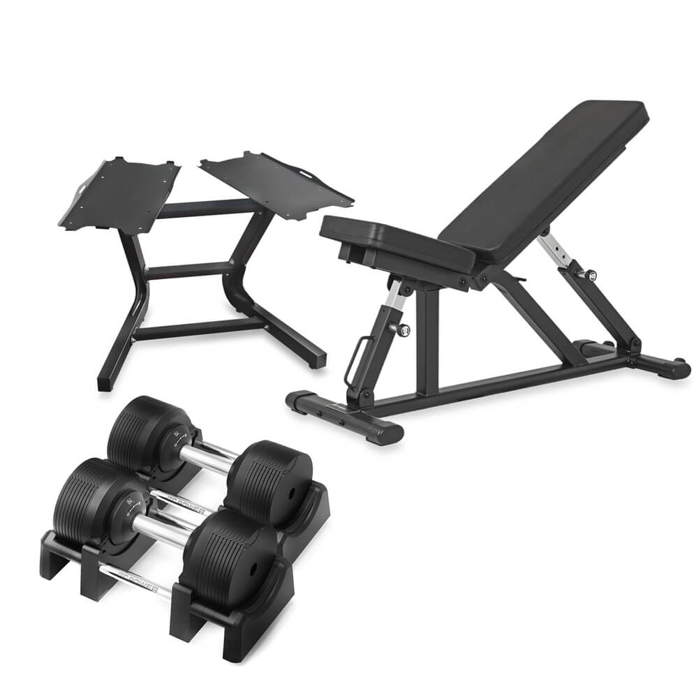 Håndvægtpakke 32,5 kg, Håndvægte, rack og bænk