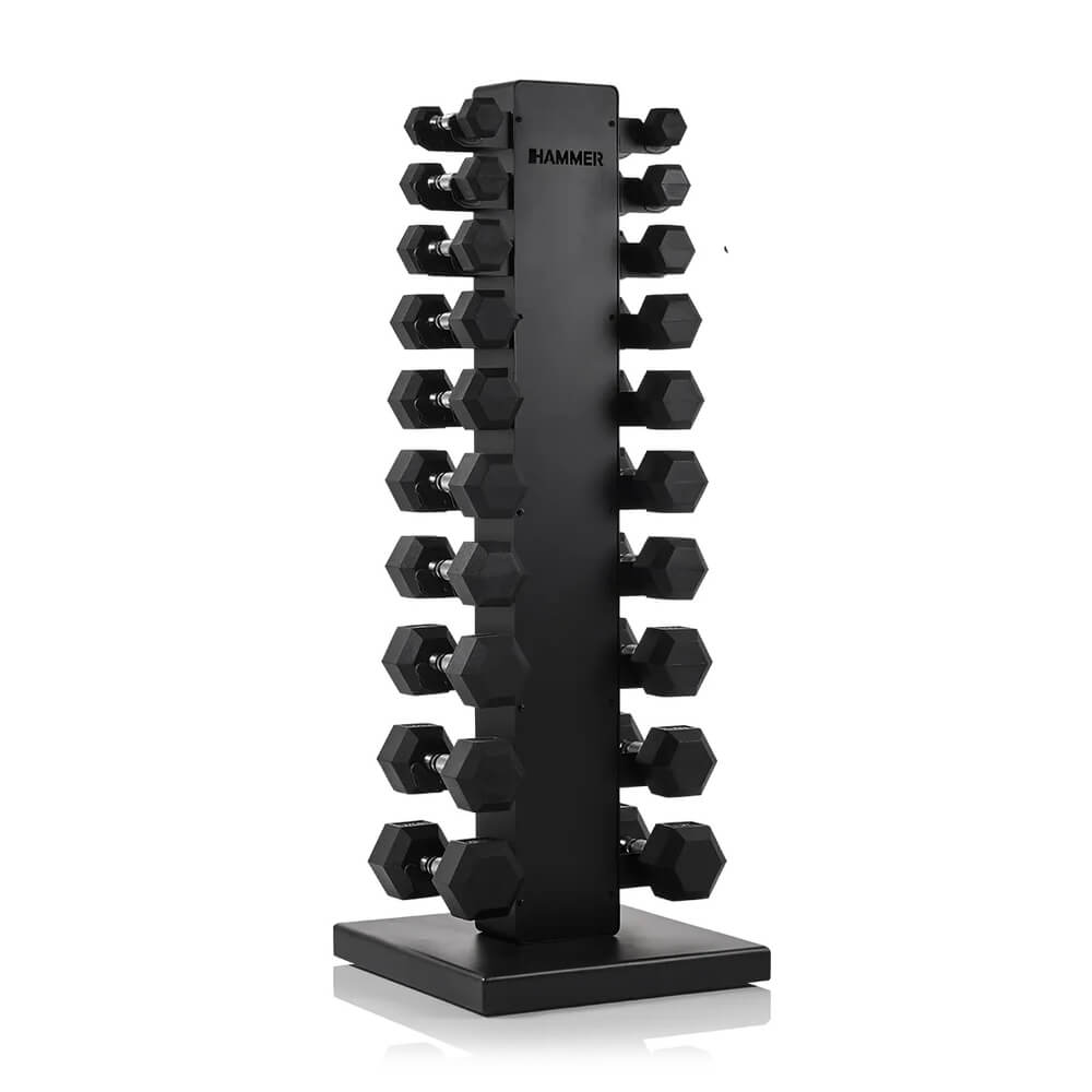 Hex håndvægtsæt med stativ, 10-par: 1 - 10 kg, Hammer