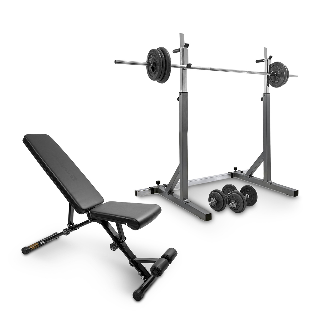 Se bænk, stativ, vægtstang og håndvægtesæt 50 kg, JTC Power hos SportGymBut