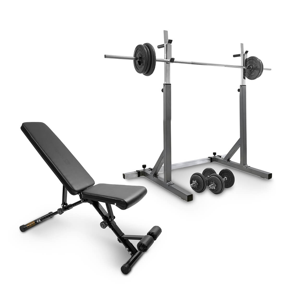 Se bænk, stativ, vægtstang og håndvægtesæt 50 kg, JTC Power hos SportGymBut