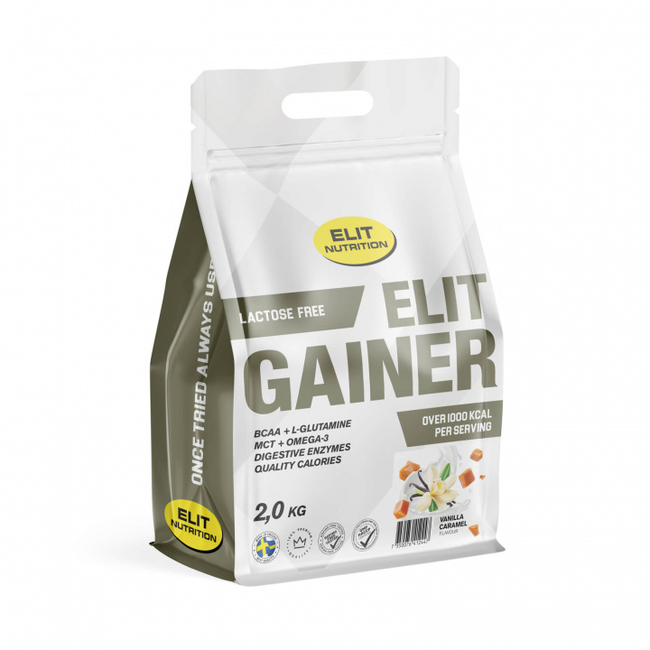 Se Elit Gainer, Laktosefri, 2000 g, Vaniljekaramel på SportGymButikken.dk