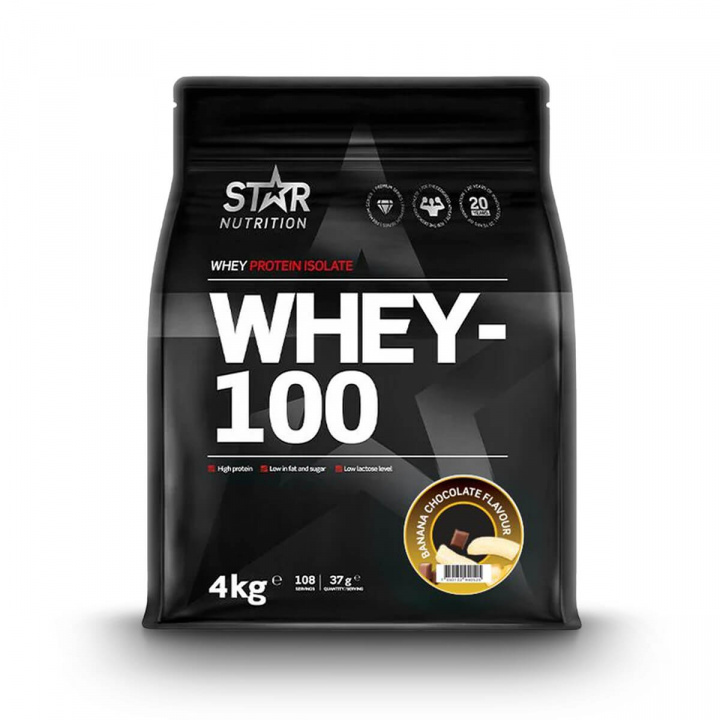Tjek Whey-100, 4 kg, Bananchokolade på SportGymButikken.dk