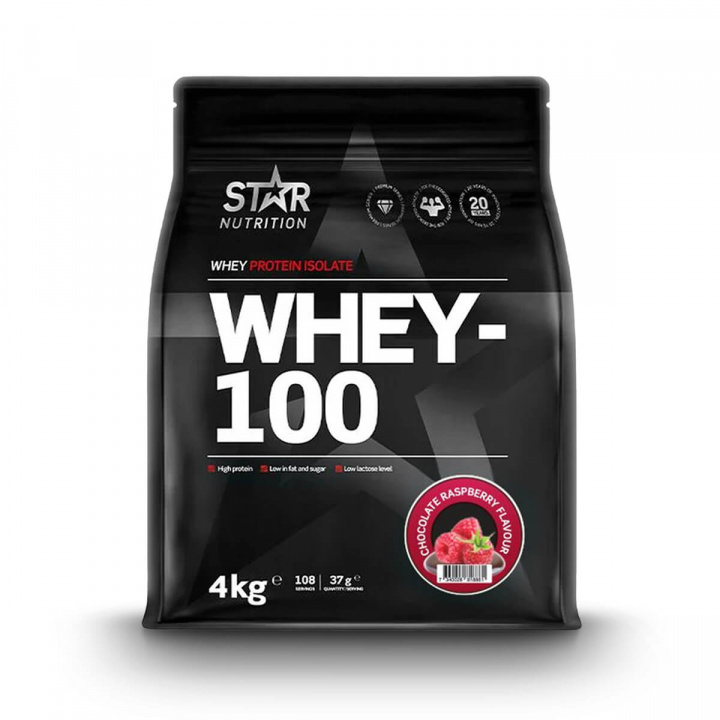 Tjek Whey-100, 4 kg, Chokoladehindbær på SportGymButikken.dk