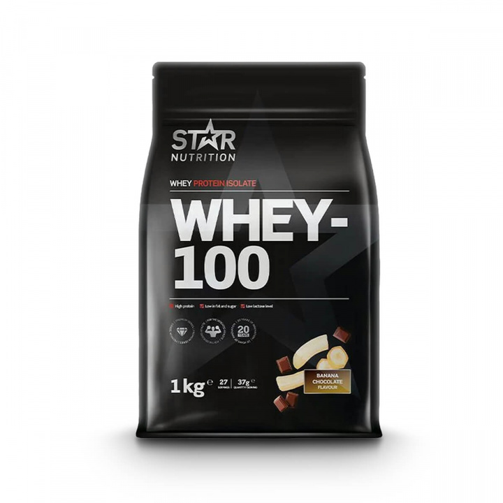 Tjek Whey-100, 1 kg, Bananchokolade på SportGymButikken.dk