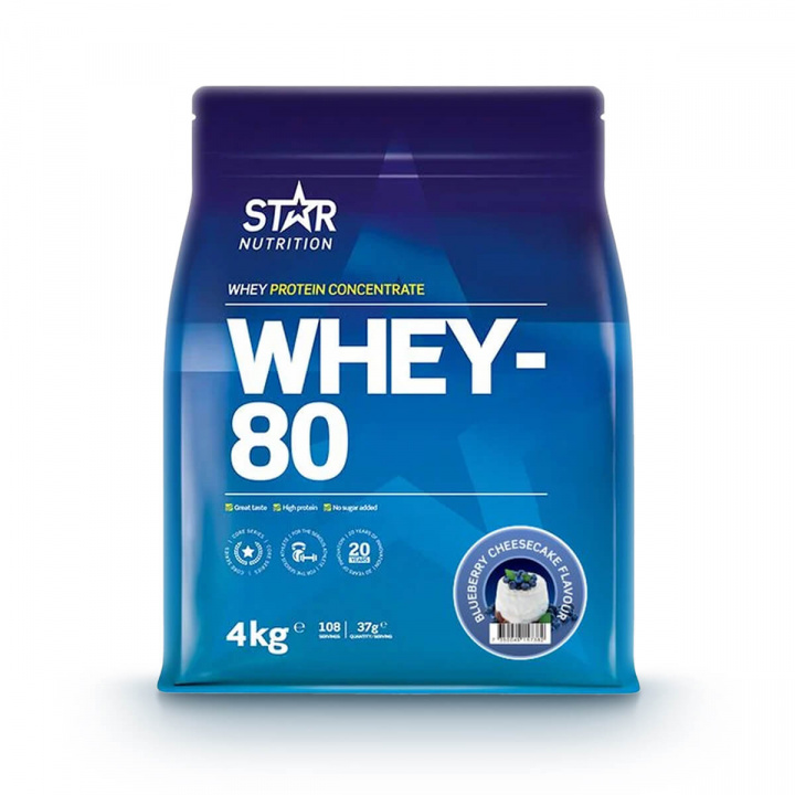 Tjek Whey-80, 4 kg, Blueberry Cheesecake ud på SportGymButikken.dk