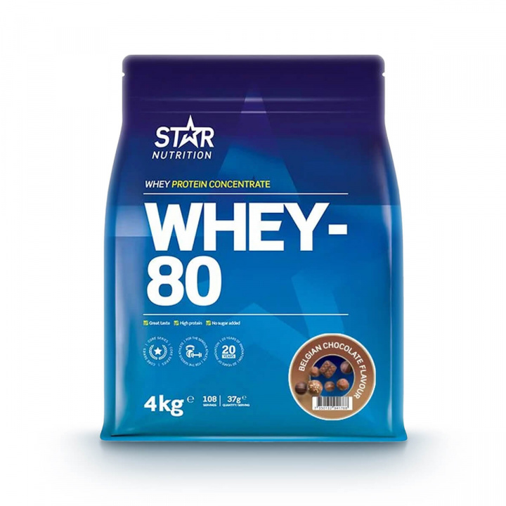 Tjek Whey-80, 4 kg, Belgisk chokolade på SportGymButikken.dk