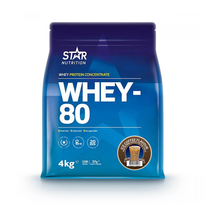 Tjek Whey-80, 4 kg, Ice Coffee på SportGymButikken.dk