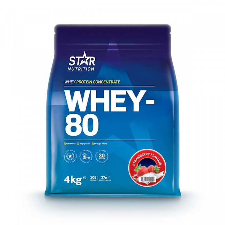 Tjek Whey-80, 4 kg, Strawberry ud på SportGymButikken.dk