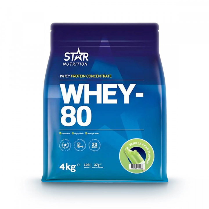 Tjek Whey-80, 4 kg, Vanilla/Pære på SportGymButikken.dk