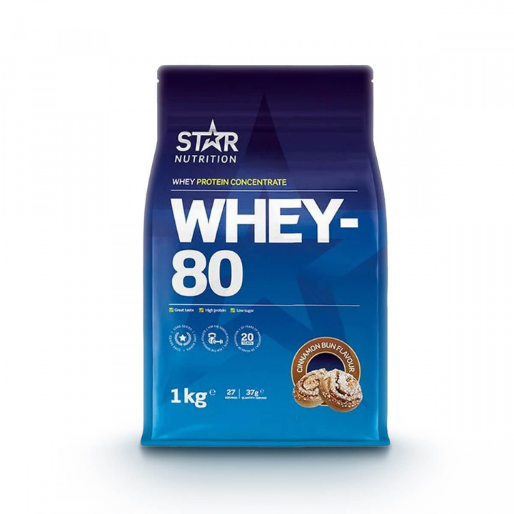 Tjek Whey-80, 1 kg, Kanelbolle på SportGymButikken.dk