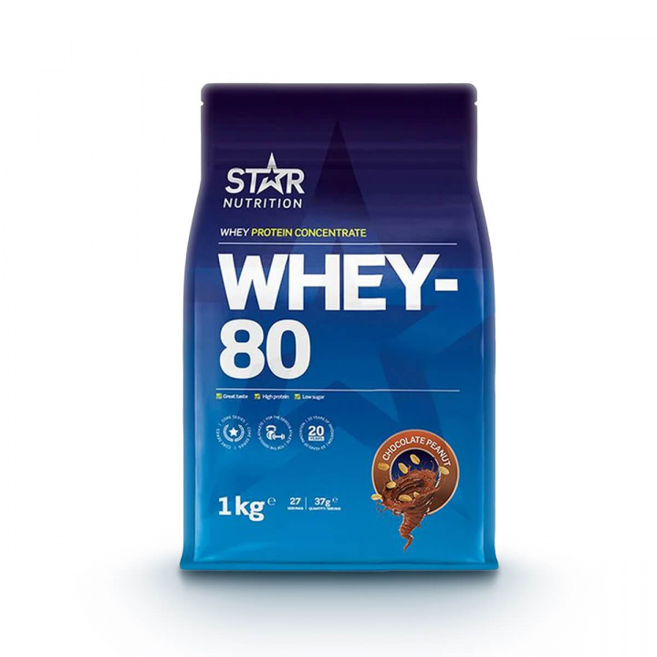 Tjek Whey-80, 1 kg, Chocolate Peanut på SportGymButikken.dk