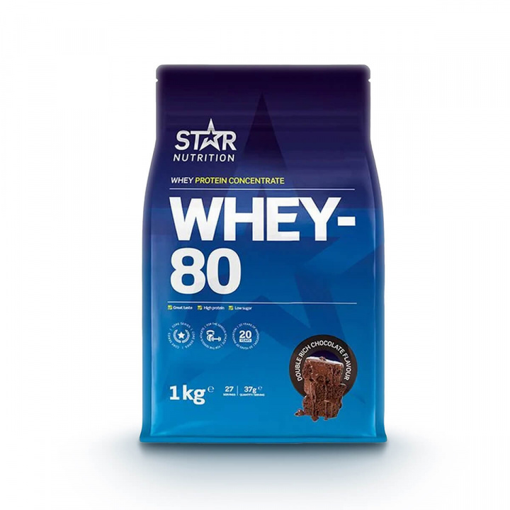 Tjek Whey-80, 1 kg, Double Rich Chocolate på SportGymButikken.dk