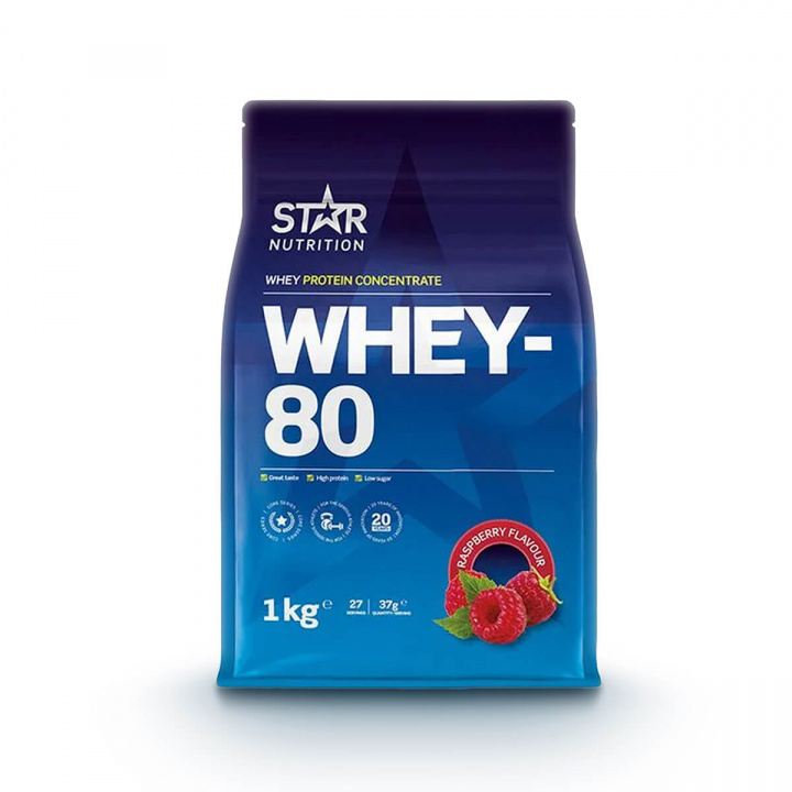Tjek Whey-80, 1 kg, Raspberry på SportGymButikken.dk