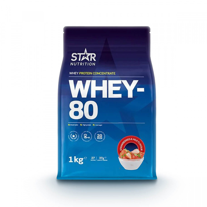 Tjek Whey-80, 1 kg, Strawberry & Milk ud på SportGymButikken.dk