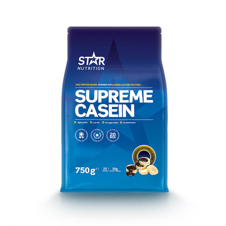 Tjek Supreme Kasein, 750 g, Chokolade Banan hos SportGymButikken.dk