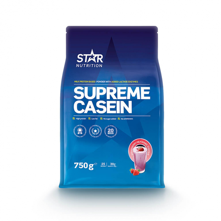 Tjek Supreme Kasein, 750 g, Strawberry Milkshake på SportGymButikken.dk