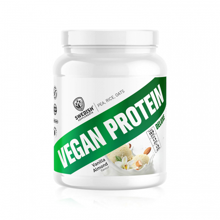 Tjek Vegan Protein Deluxe, 750 g, Vaniljemandel hos SportGymButikken.dk