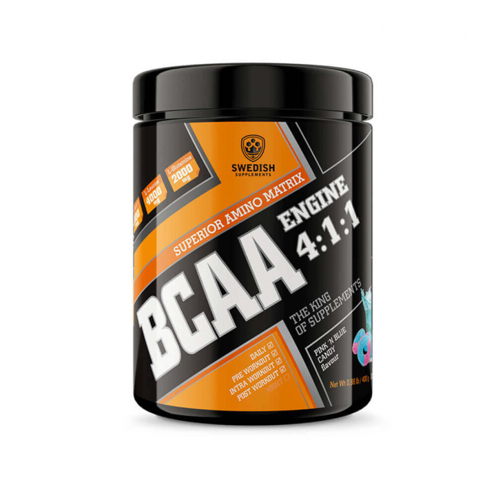 Se BCAA Engine 4:1:1, 400 g, Pink 'N' Blue Candy på SportGymButikken.dk